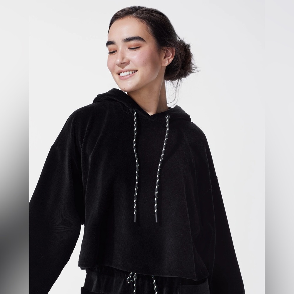 NWT Michi Hygge Ribbed Cropped Hoodie Oversized in Black Inactivewear Athletic M